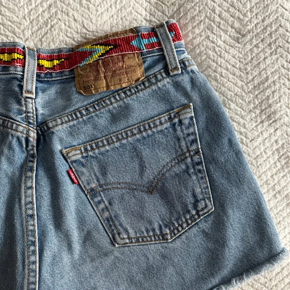 Levi's Blue Denim Jean Shorts with Red Beaded Trim - Picture 4 of 5